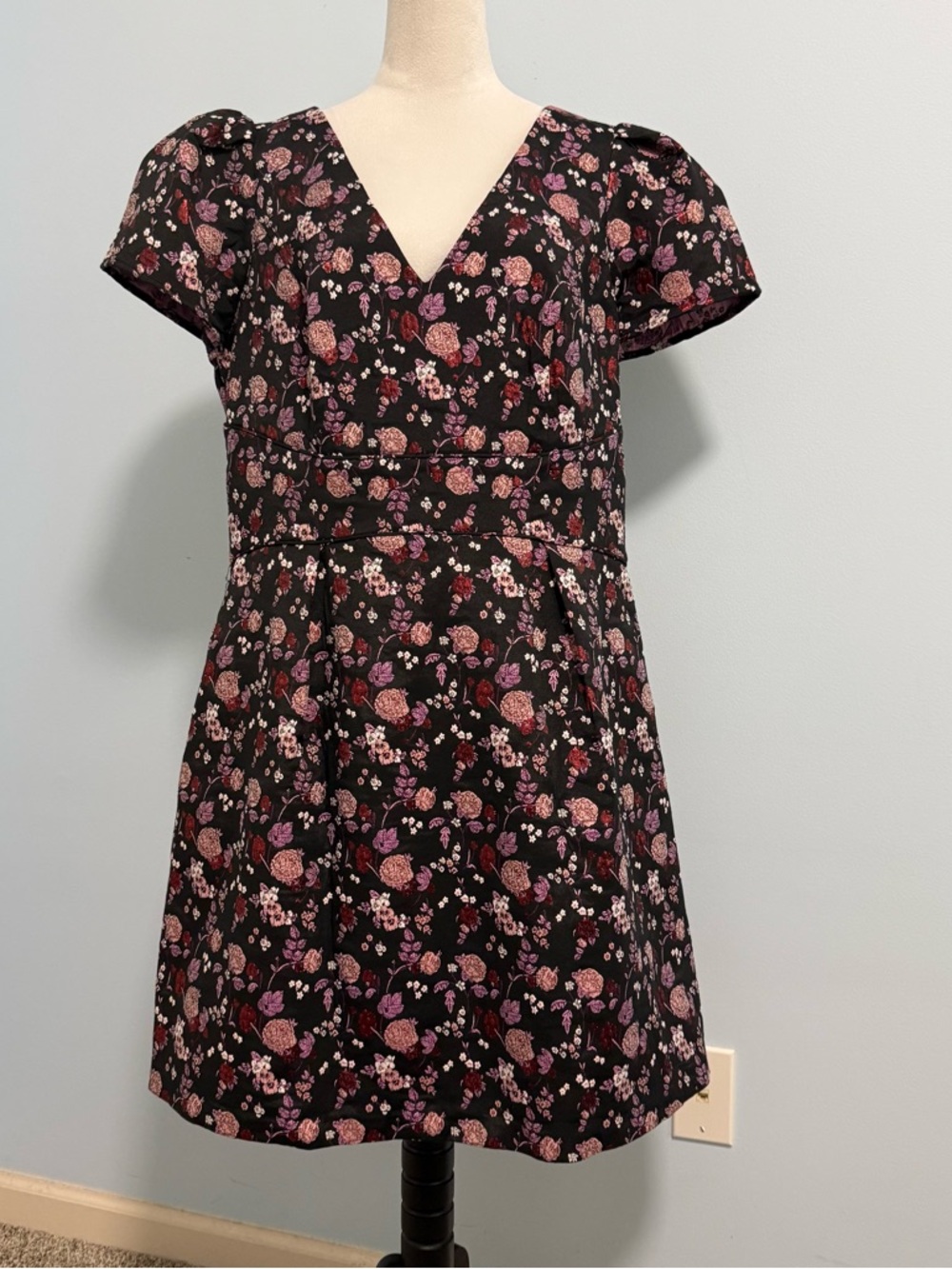 Adrianna Papell Womens 14W Ditsy Floral Jacquard A-Line Dress Black Purple Lurex